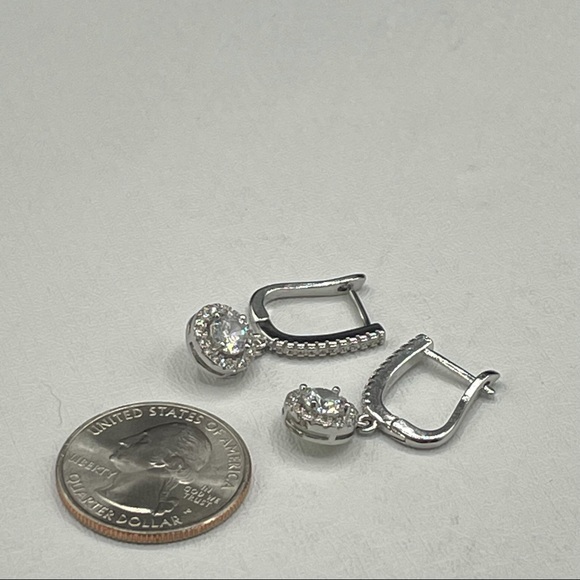 925 Sterling Silver‎ Diamond Halo Dangle Earrings - Picture 12 of 12